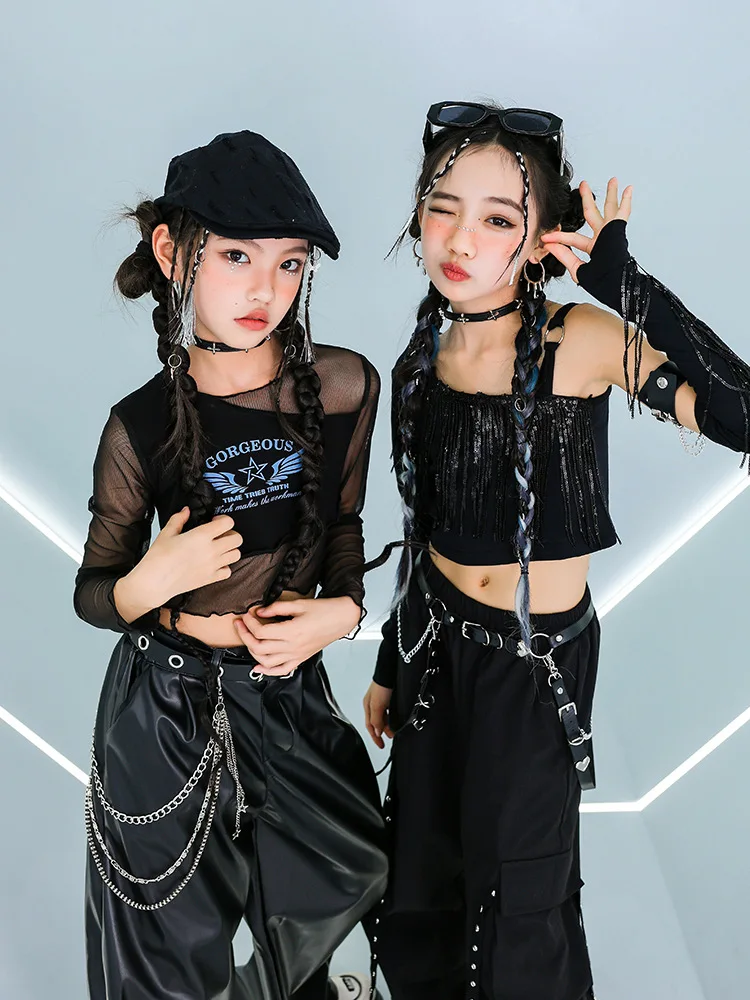 الفتيات شبكة قمم السراويل فضفاضة وتتسابق الهيب هوب الرقص أداء المرحلة ارتداء الأطفال أزياء رقص الجاز الحديثة #5