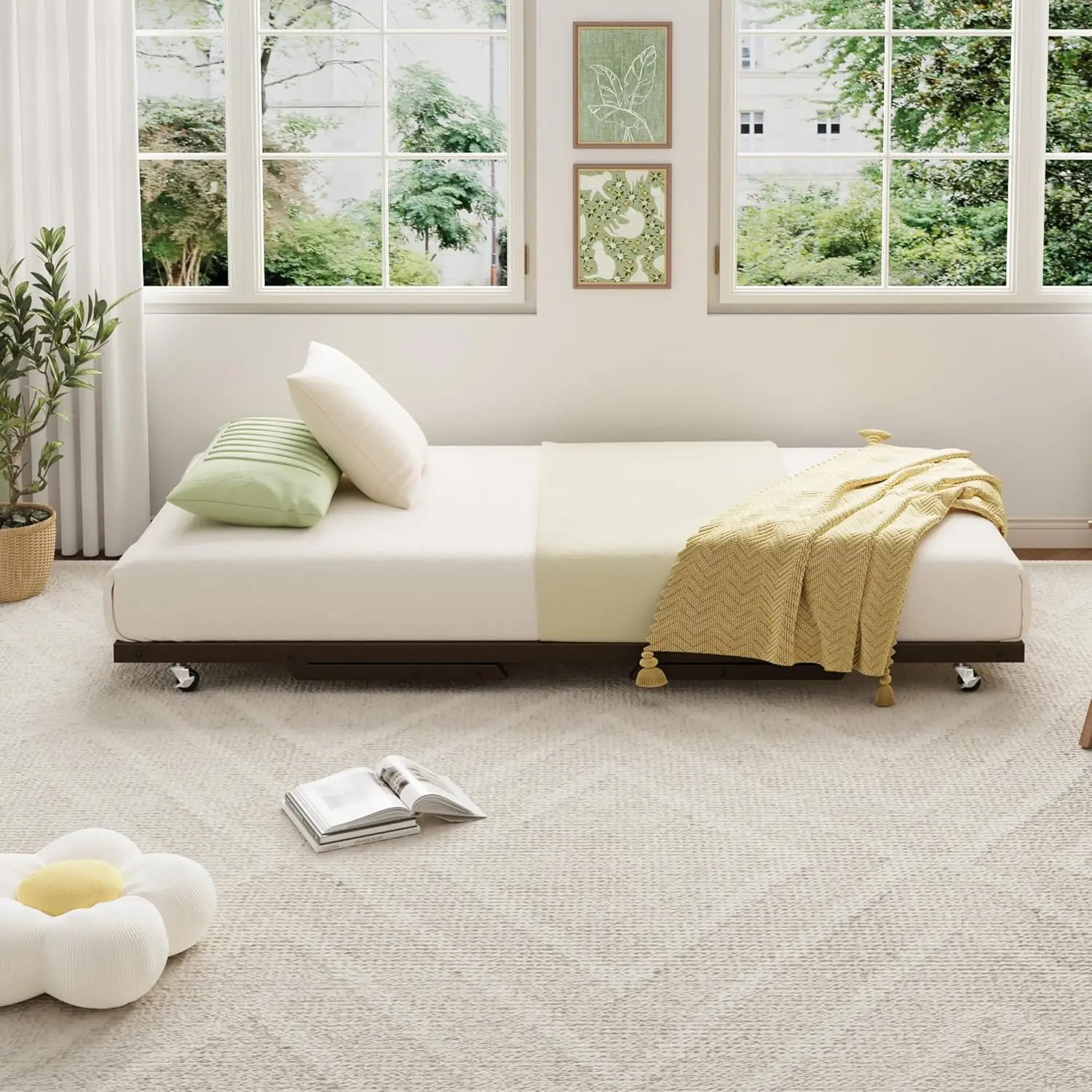 Twin Pop Up Trundle Bed Frame, Trundle Day Bed with Lockable Casters