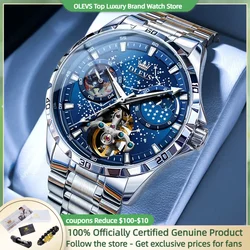 OLEVS Men's Watches Night Glow Starry Sky Dial Fashion Trend Original Automatic Mechanical Watch for Man Tourbillon Moon Phase