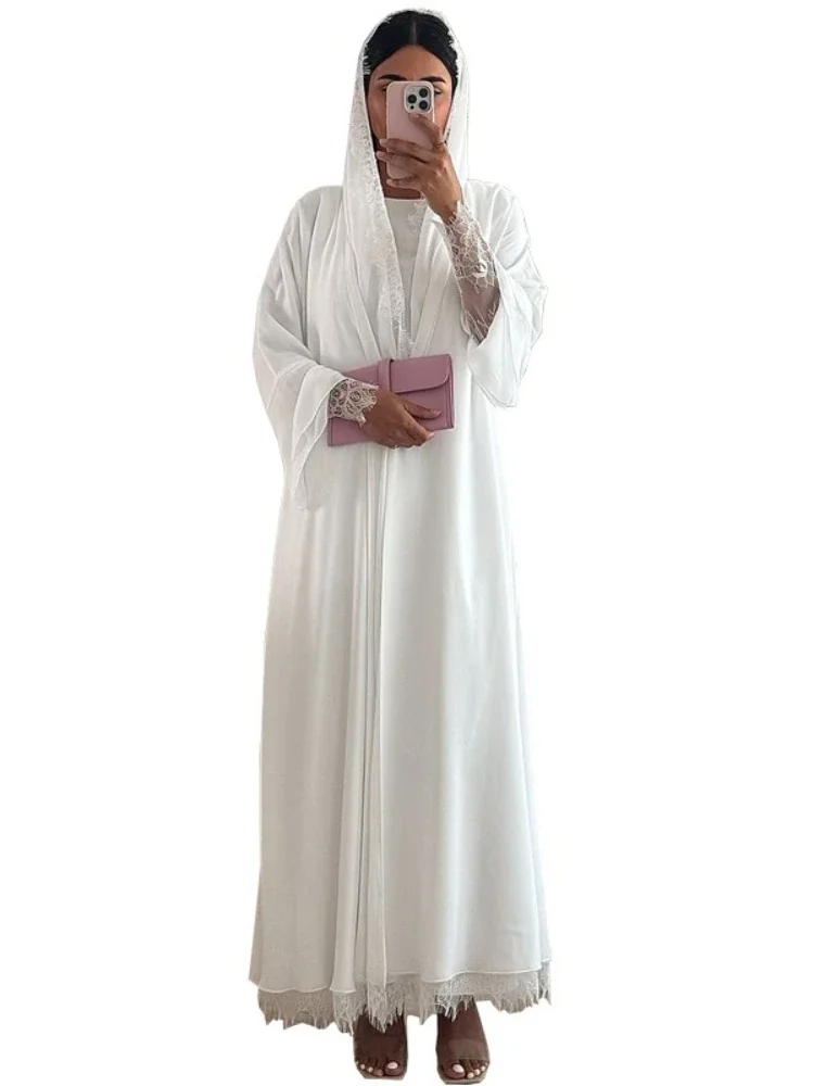 Femmes Abaya écharpe dentelle manches ouvert Cardigan Robe dubaï Eid fête musulmane Jalabiya Ramadan Abayas Maroc caftan arabe longue Robe