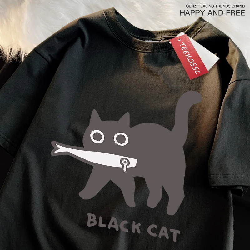 Asian Size Fun A Black Cat Eating Fish Japanese Style Men Women T-Shirt Fashion Print T Shirt Oversize T-Shirts Cotton Clothes