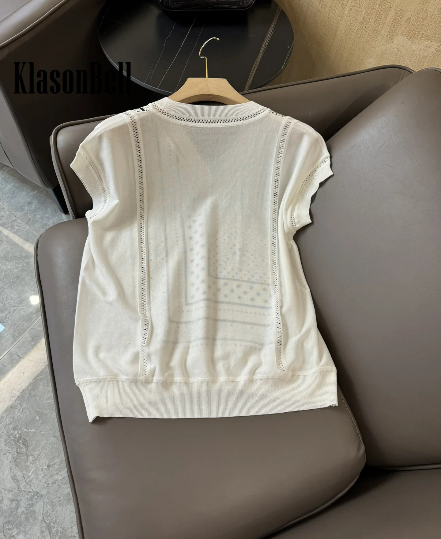 2.27 KlasonBell Women Clothes Star Geometric Silk Print Spliced Hollow Out Knitted V-Neck Fashion Comfortable T-Shirt