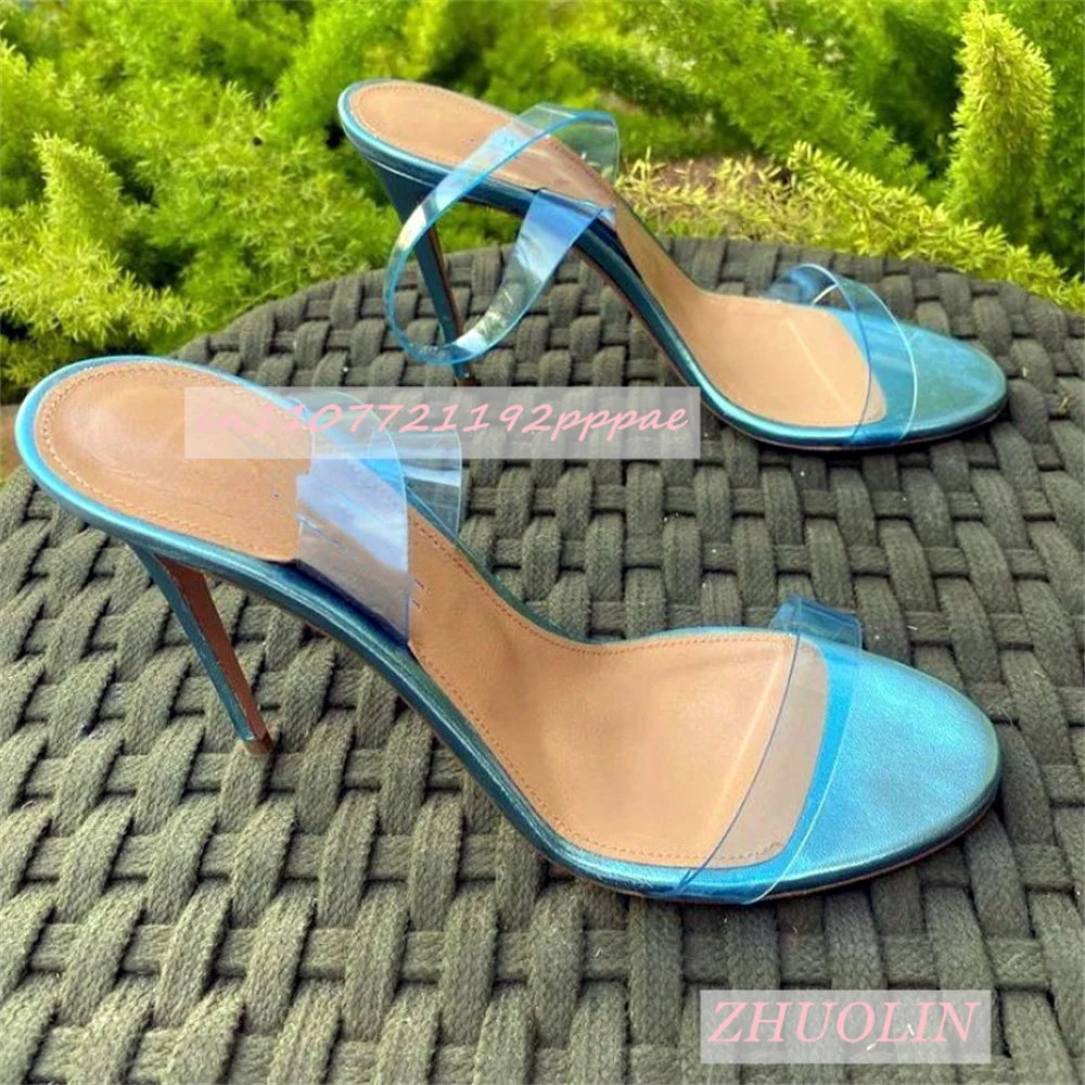 

Summer Luxury Blue High Heels Clear Pvc Round Toe Stiletto Sandals Sexy Large Size Party Evening Women'S Shoes Zapatos Mujer 46