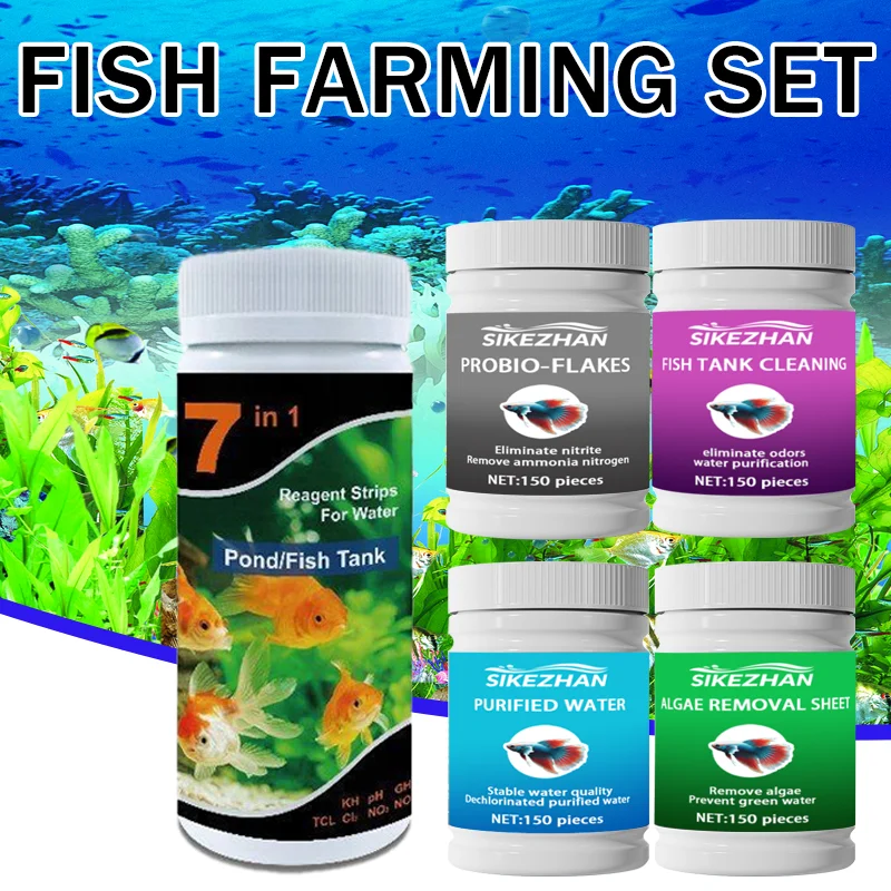 Kit de calidad del agua del acuario: bacterias nitrificantes + tiras reactivas 7 en 1 + pestañas antialgas + eliminador de olores + desclorador para tanques