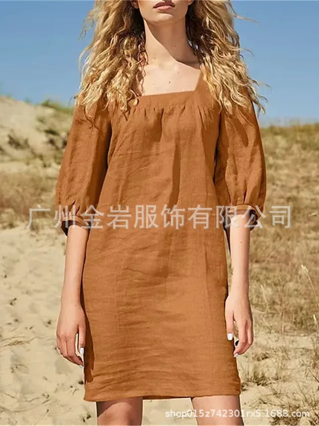 Casual Summer Mini Dress Solid Color Simple Loose Square Neck Puff Sleeve Lace Short Sleeve Ruffle Hem Beach Resort Style Dress