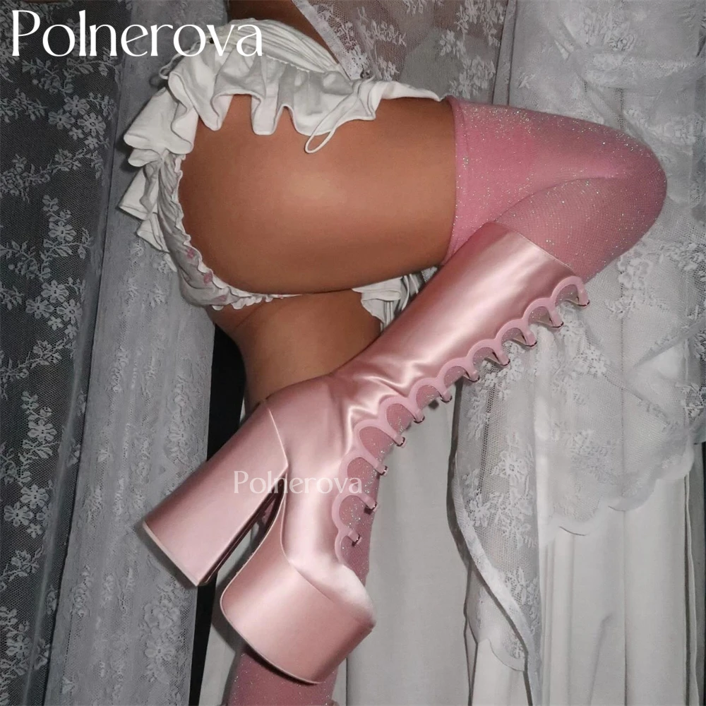 Pink Satin Knee High Boots Multiple Buckle Platform Chunky Heel Boots for Women Custom Multi Color Classic Boots Hot Style Shoes