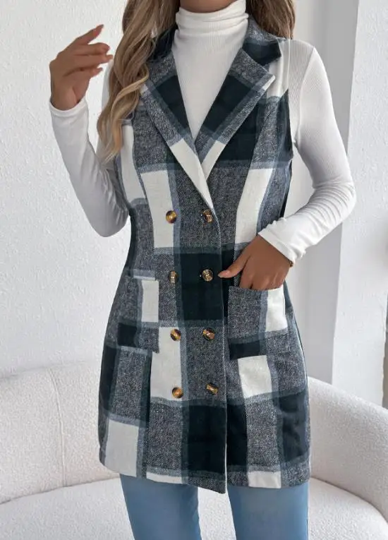 

Женский жилет, осенне-зимний клетчатый двубортный шерстяной пальто с карманами, длинный жилет, винтажный жилет, куртка