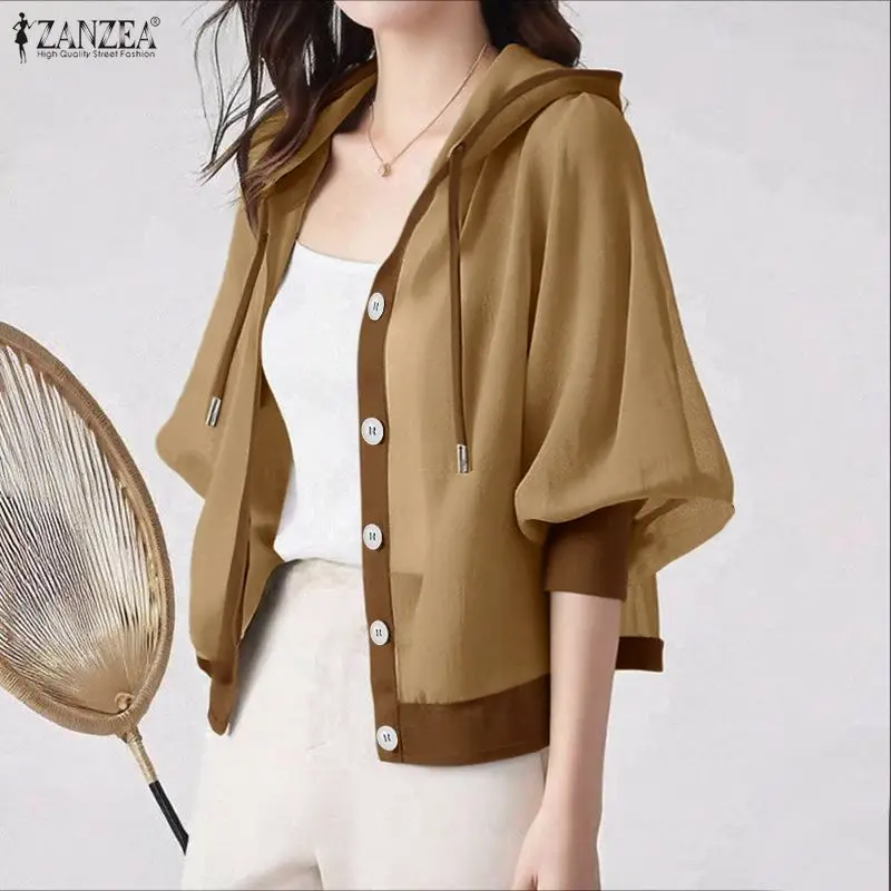 

ZANZEA Women Shirts Fashion 3/4 Sleeve Casual Solid Sew-through Loose Blouse 2026 Elegant Office Streetweat Hooded Tops Hoodies
