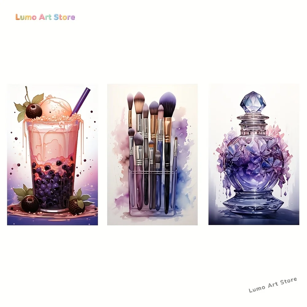 2D Flat, Set of 3 Unframed Canvas Painting Featuring Designs of Bubble Milk Tea, Perfume, And Makeup Brushes in a Pink And P