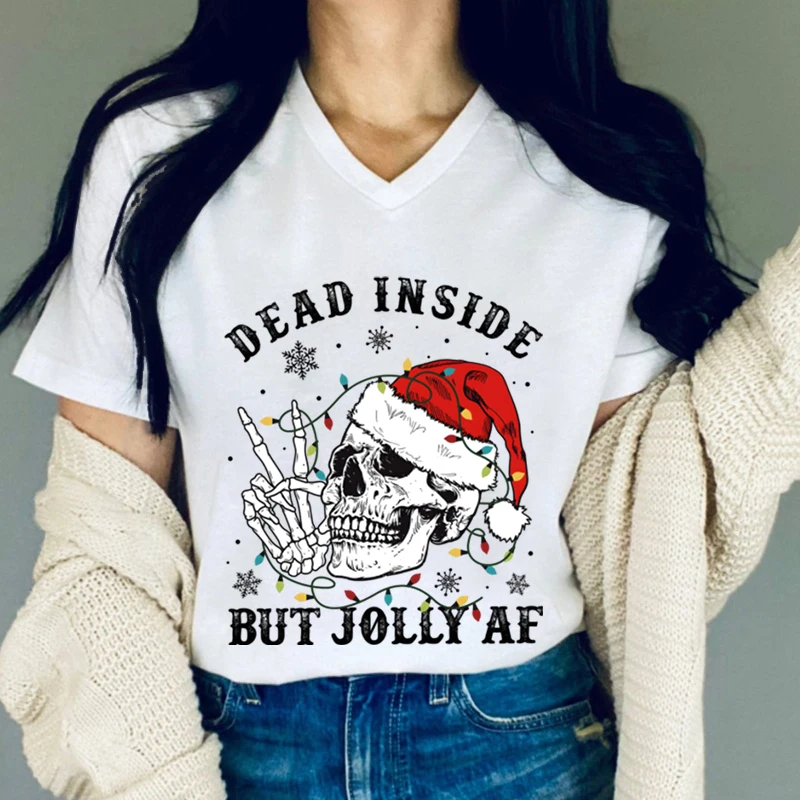 New Women\'s Christmas Skull Print Vintage T Shirt Short Sleeve V-Neck Streetwear \