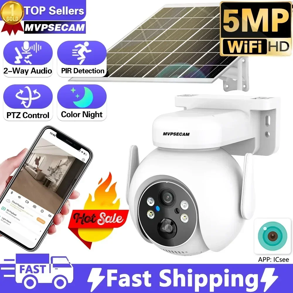 

360° WIFI Solar Camera 5MP PIR Human Detection Outdoor Security With Solar Panel Wireless Surveillance PTZ Battery Camera iCsee