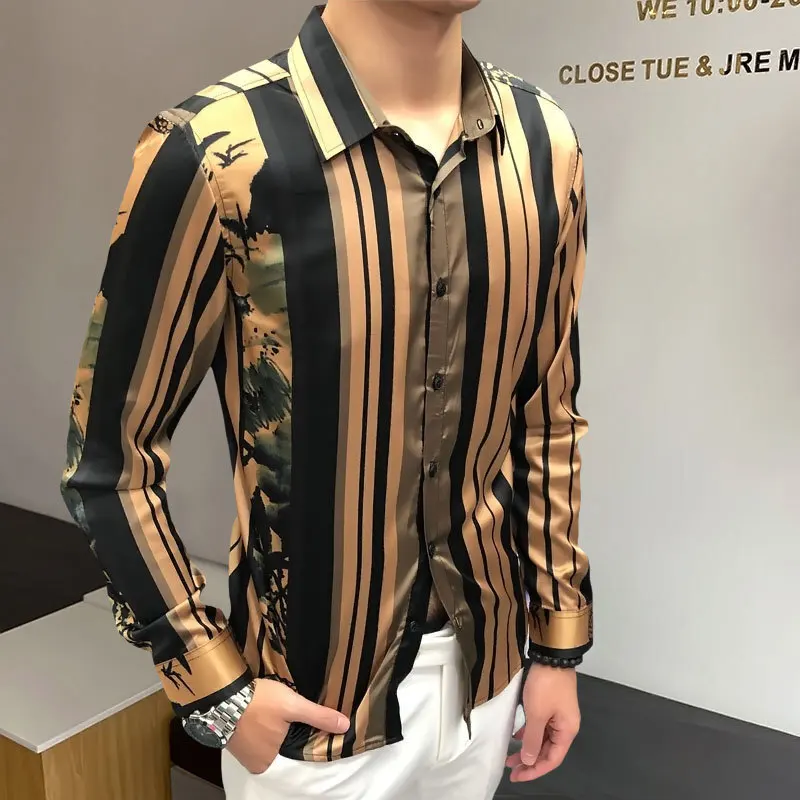 Luxury Retro Black Gold Print Wedding Shirt 2023 Spring  Shirt For Men Flower Shirt Party Vintage Shirt Camisa Social Masculina