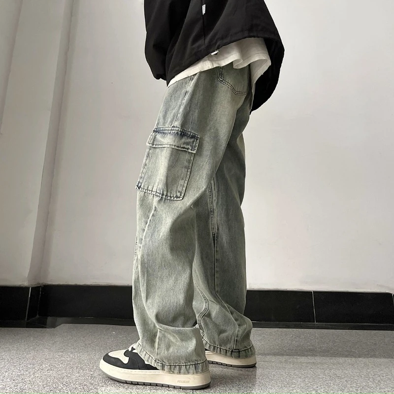 Y2k Wide Leg Jeans Men Summer Multiple Pockets Oversized Korean Style Loose Casual Vintage Cozy Streetwear Chic Hip Hop New