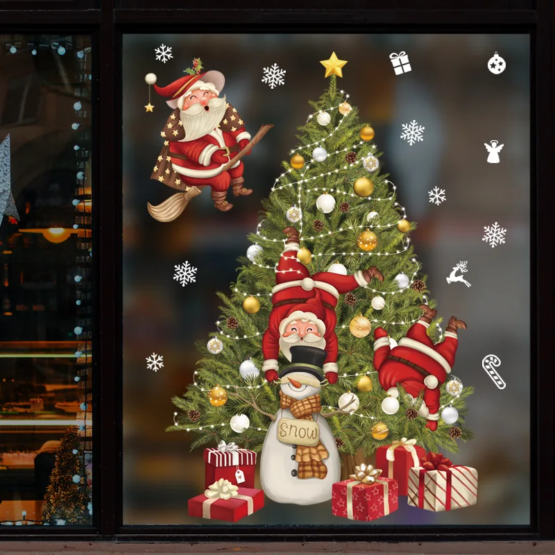 New Christmas Decoration Window Stickers Santa Gifts Merry Christmas Mirror Sticker Xmas Tree Window Glass Sticker New Year 2025