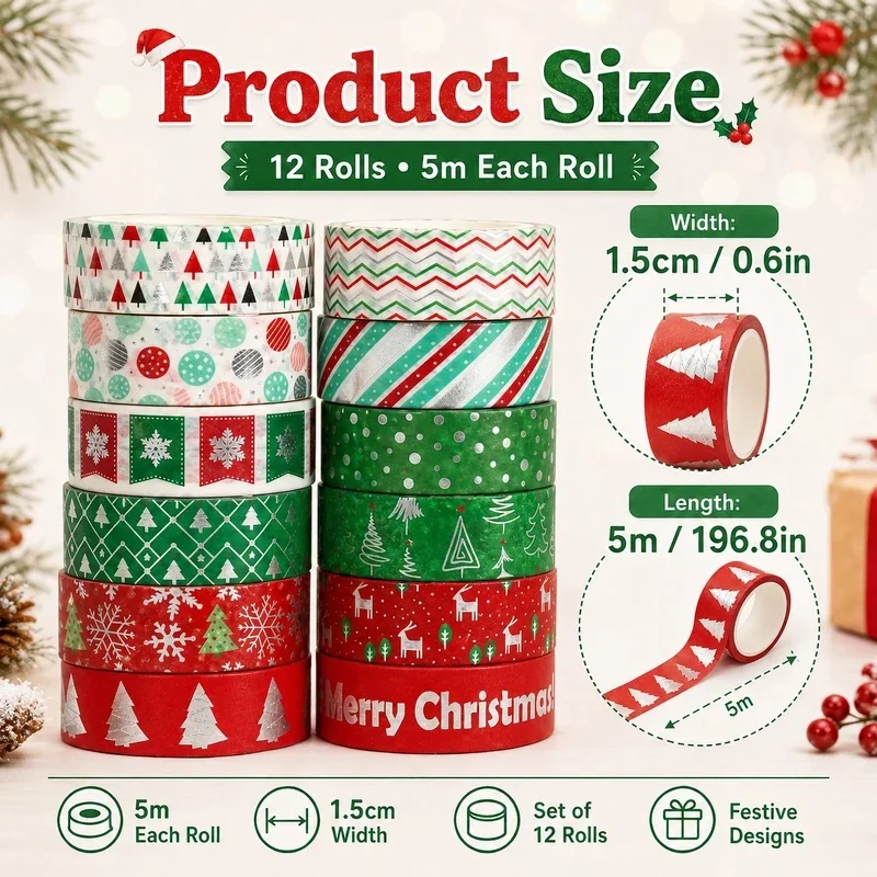 12 Rolls Silver Foil Christmas Washi Tape, 1.5cm X 5m Snowflake Tree Reindeer For Journal Scrapbook Gift Wrap Diy Holiday Decor