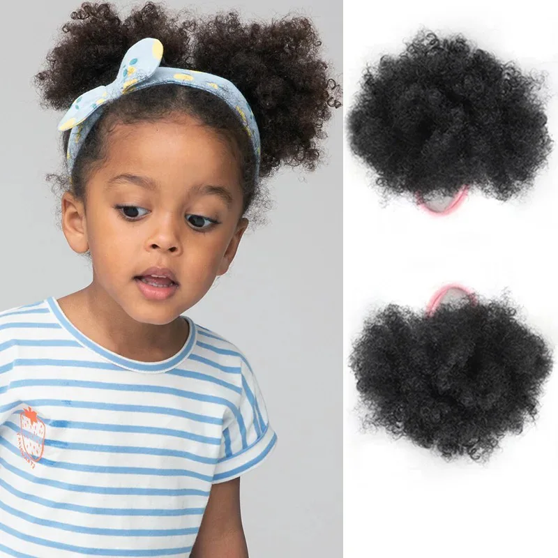 

Children's wig ponytail pink elastic band explosive head African black synthetic small roll packaged wig pair set