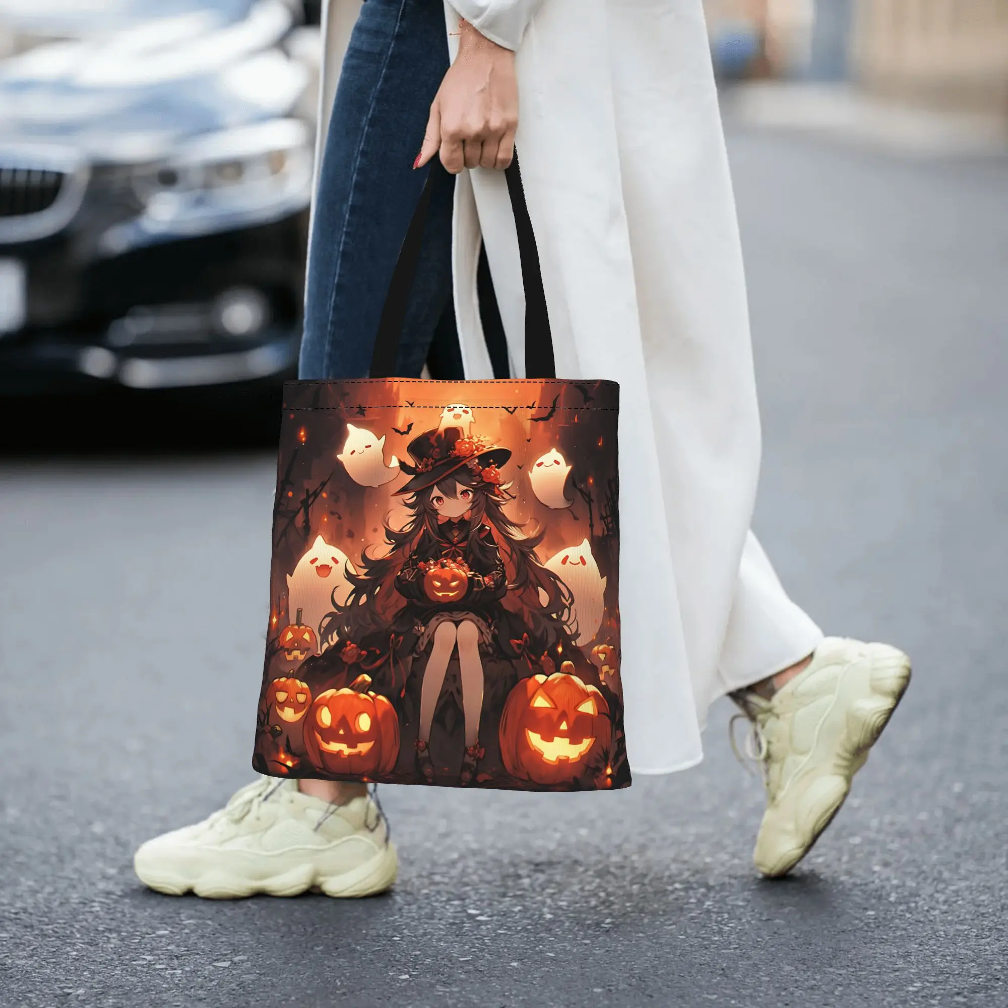 Customized Anime Witch Girl Pattern Women's Bag Shopping Bag Reusable Double Sided Canvas Tote Bag Shoulder  Handbag Its bags