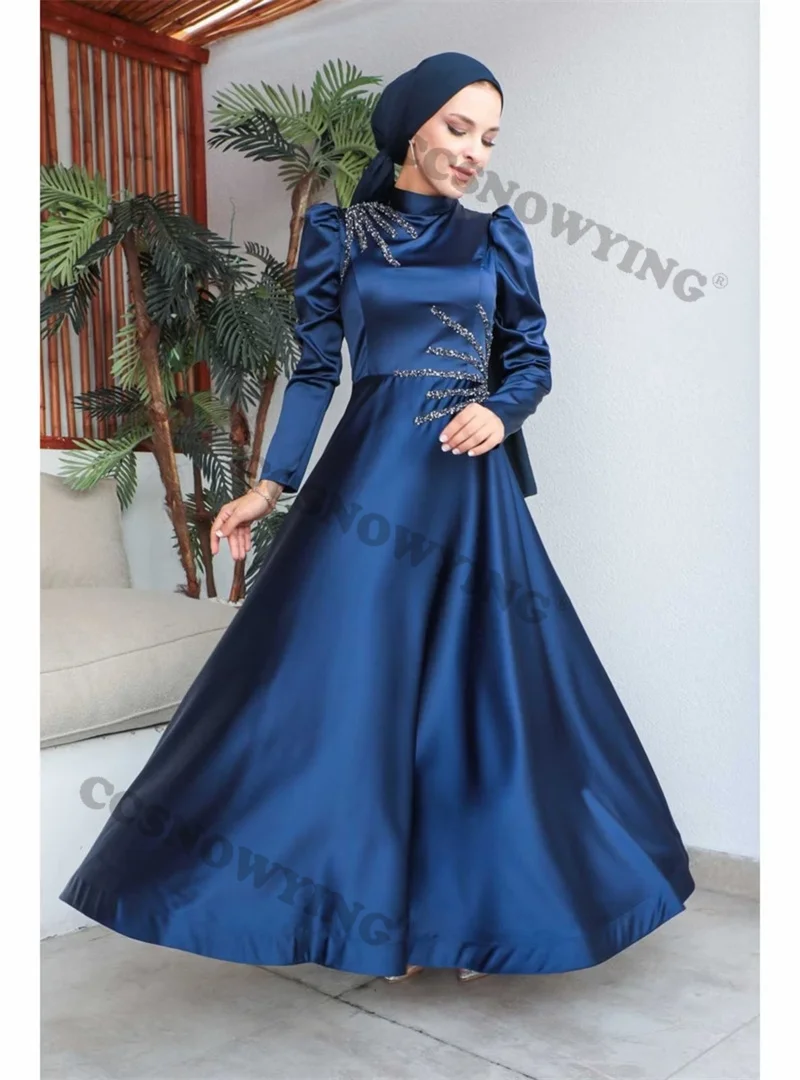 Vestido De noche musulmán De manga larga para mujer, Hijab, apliques De satén islámicos, vestido De fiesta Formal árabe De Dubái, azul marino