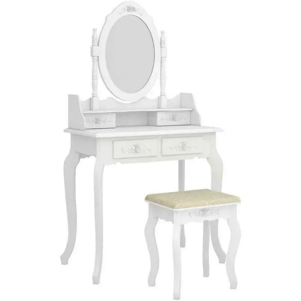 Drawer Table with Lighting Mirror & Power Strip Dressing Vanity Table with Lights 4 Drawer Mirror Wood Desk