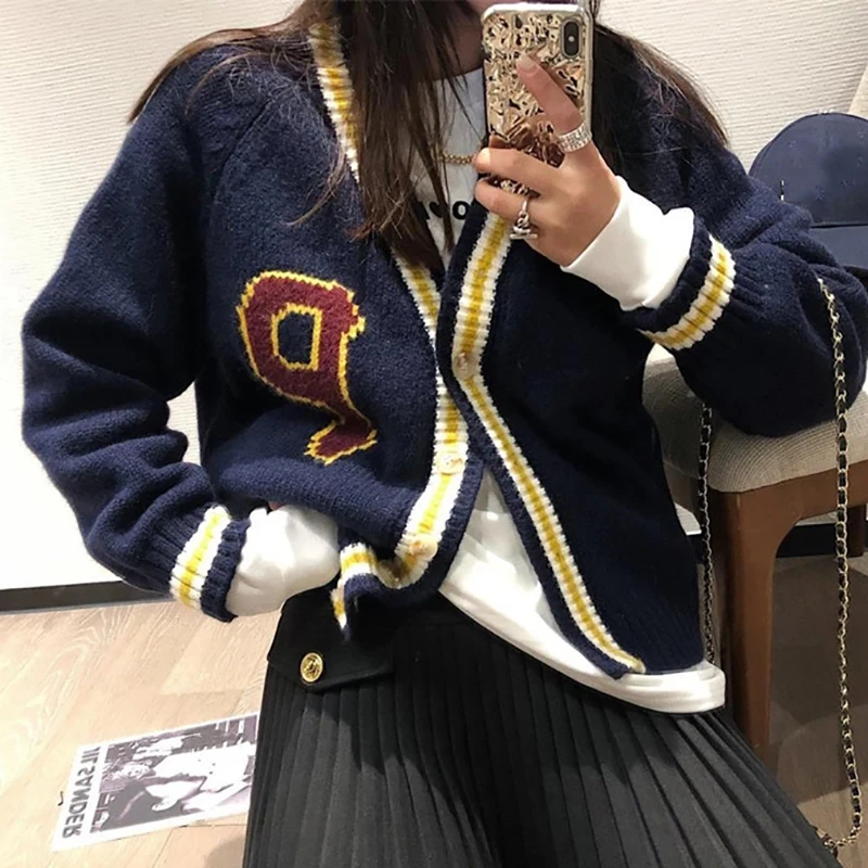 HELIAR Women Letter Printed Cardigan Sweater Coat Preppy Style Loose Button Up Coat Knit Casual Jacket Women 2024 Fall Winter