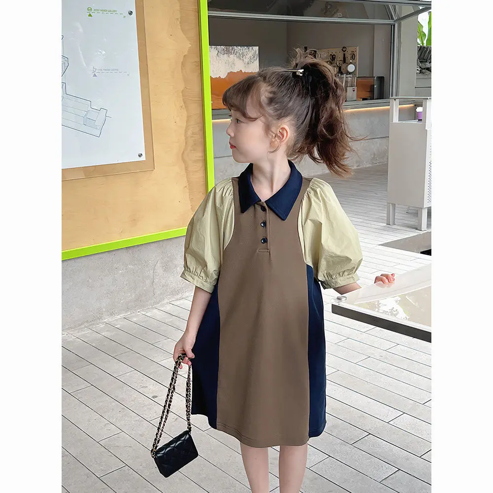 Summer Fashionable New Baby Color Contrast Panel A-line Skirt Children Short sleeved Princess Dress Children Clothing