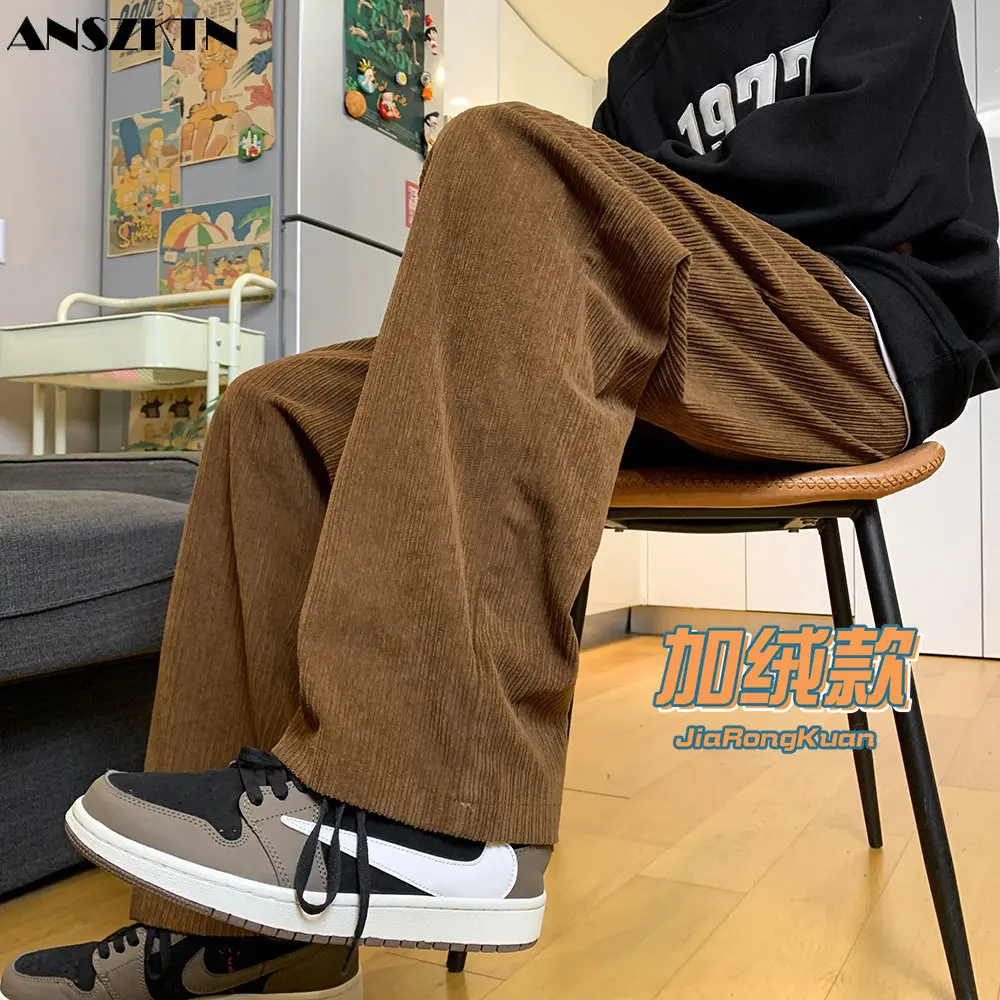 

ANSZKTN New winter wear with fleece and thick warm European cotton fleece heavy casual men's corduroy trousers straight trousers