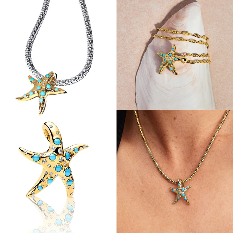 

Позолоченные большие синие бусины в виде морской звезды, подвеска, подходит для оригинального серебряного браслета в виде змеи, ожерелья, бусины для ювелирных изделий своими руками, женский подарок