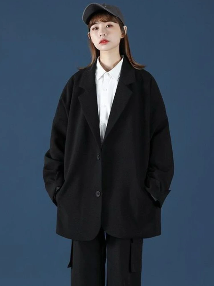 블레이저 여성 헐렁한 단순한 옷 우아한 프레피 옷 한국 패션 유니섹스 긴 소매 가을 하이 스트리트 젠틀 노치드 인