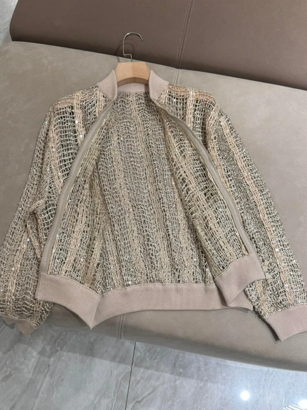 Hollow mesh knitted sparkling yarn pilot jacket