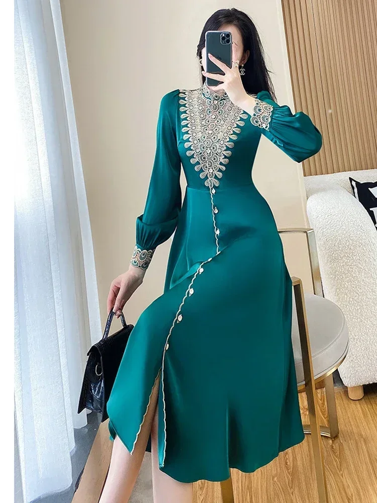 Retro Fashion Embroidery Patchwork Autumn Dresses for Women  Long Sleeve Green Vintage Vestidos Para Mujer Elegant Robe