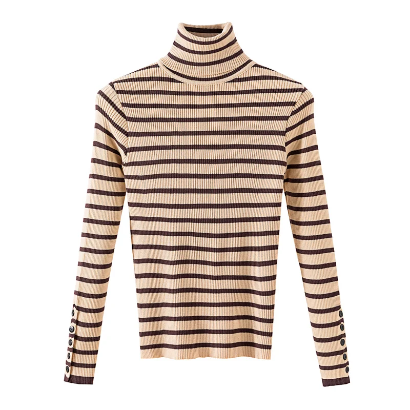 Women\'s Autumn Winter Long Sleeve Sweater Striped Knitwear Slim Turtleneck Bottoming Shirt 2023 New Fashion All-Match Top