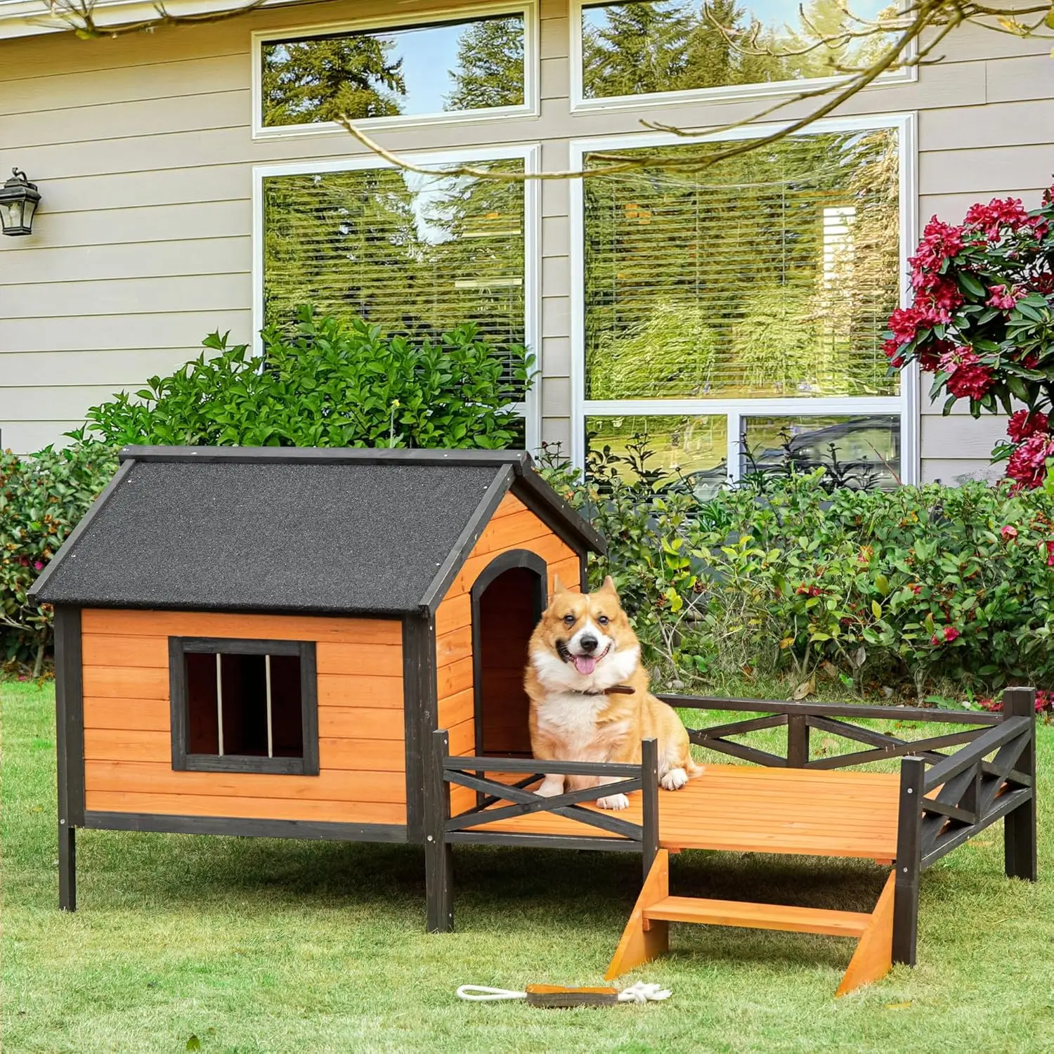 Wooden Dog House with Porch, Outside Dog House with Water-Resistant Asphalt Roof, Ladders, Fencing, Window