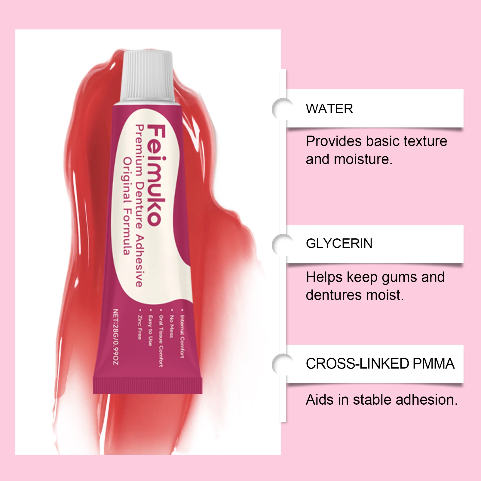 Feimuko Denture Adhesive Cream Zinc Free Comfortable Grip For Daily Denture Fixing Oral Care