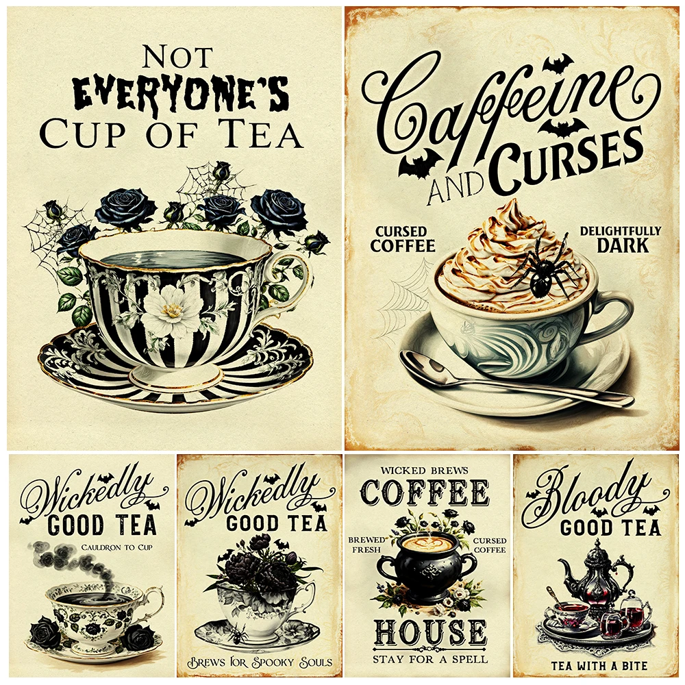 Witches Brew Coffee House Poster Print,Vintage Floral Witchy Pentagram And Tea,Wall Art Canvas Painting,Spooky Kitchen Print