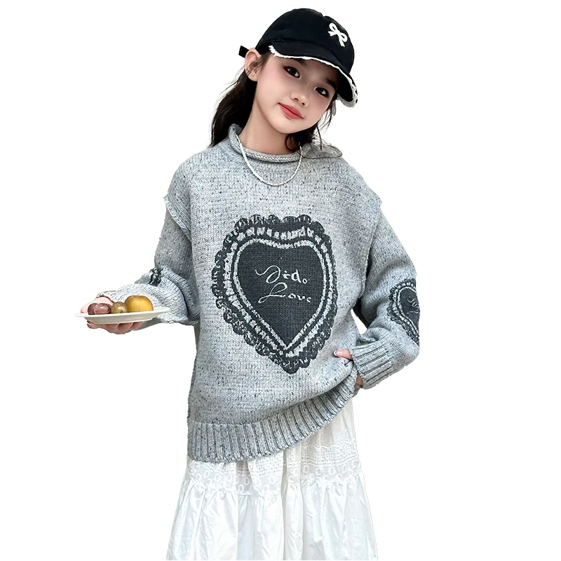 

Fashion Long Sleeve Kids Girls Love Heart Sweater Gray Color Autumn Child Sweater for Girls with Hearts Baby Pullover Knitwear