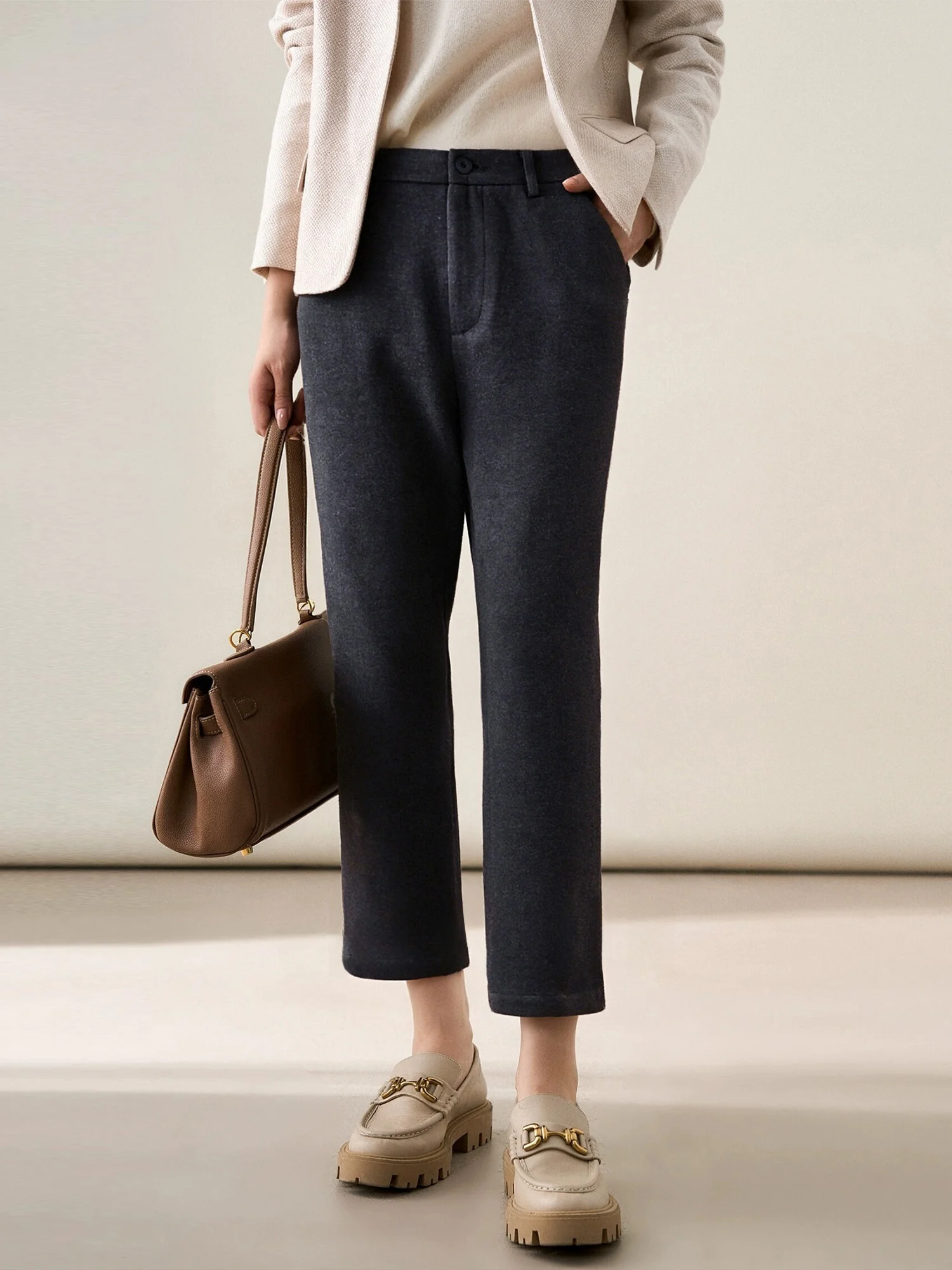 

Женские шерстяные брюки с высокой талией, прямого кроя, укороченные (7/8), в деловом стиле, для офиса и повседневной носки