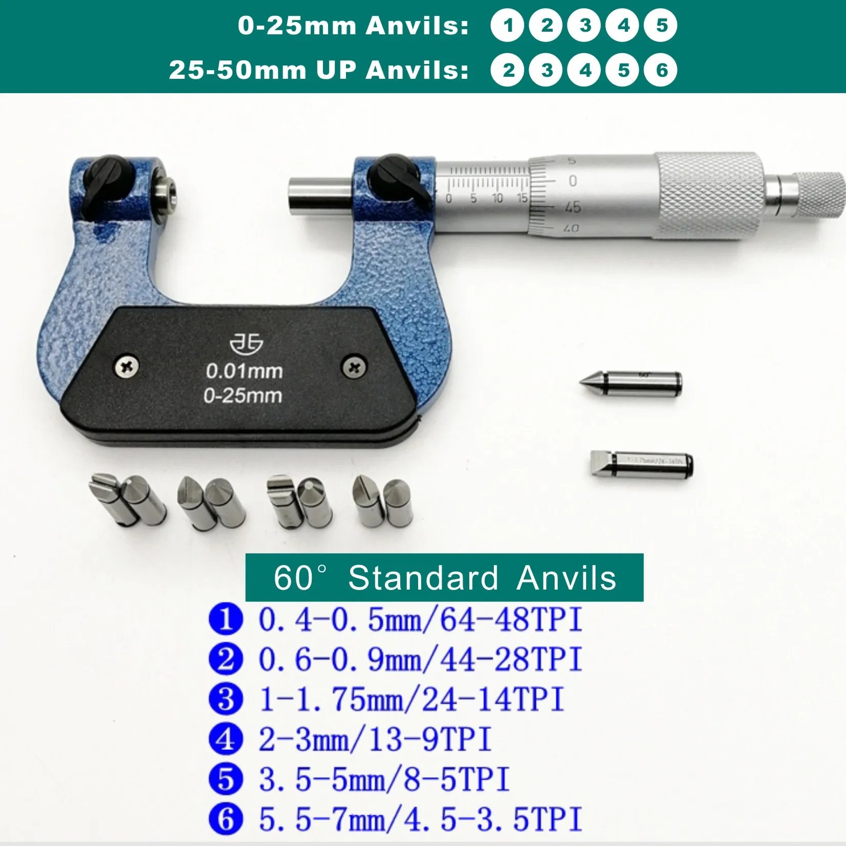 Screw Thread Micrometer 0-25mm 25-50mm Industrial Quality With 10PCS Anvils 50-75mm 75-100mm Outside Micrometer 0.01mm