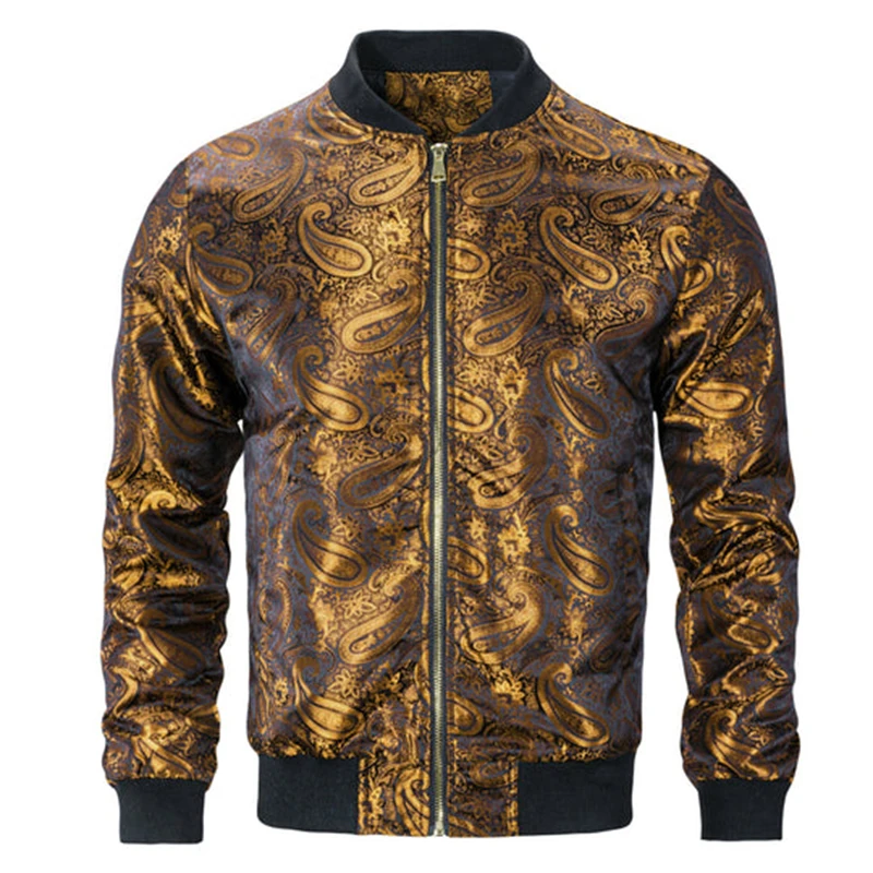 Gold Paisley Jacket Men\'s Clothing 3D Printed Colorful Long Sleeve Zipper Jackets Luxury Graphic Street Trend Autumn Bomber Coat