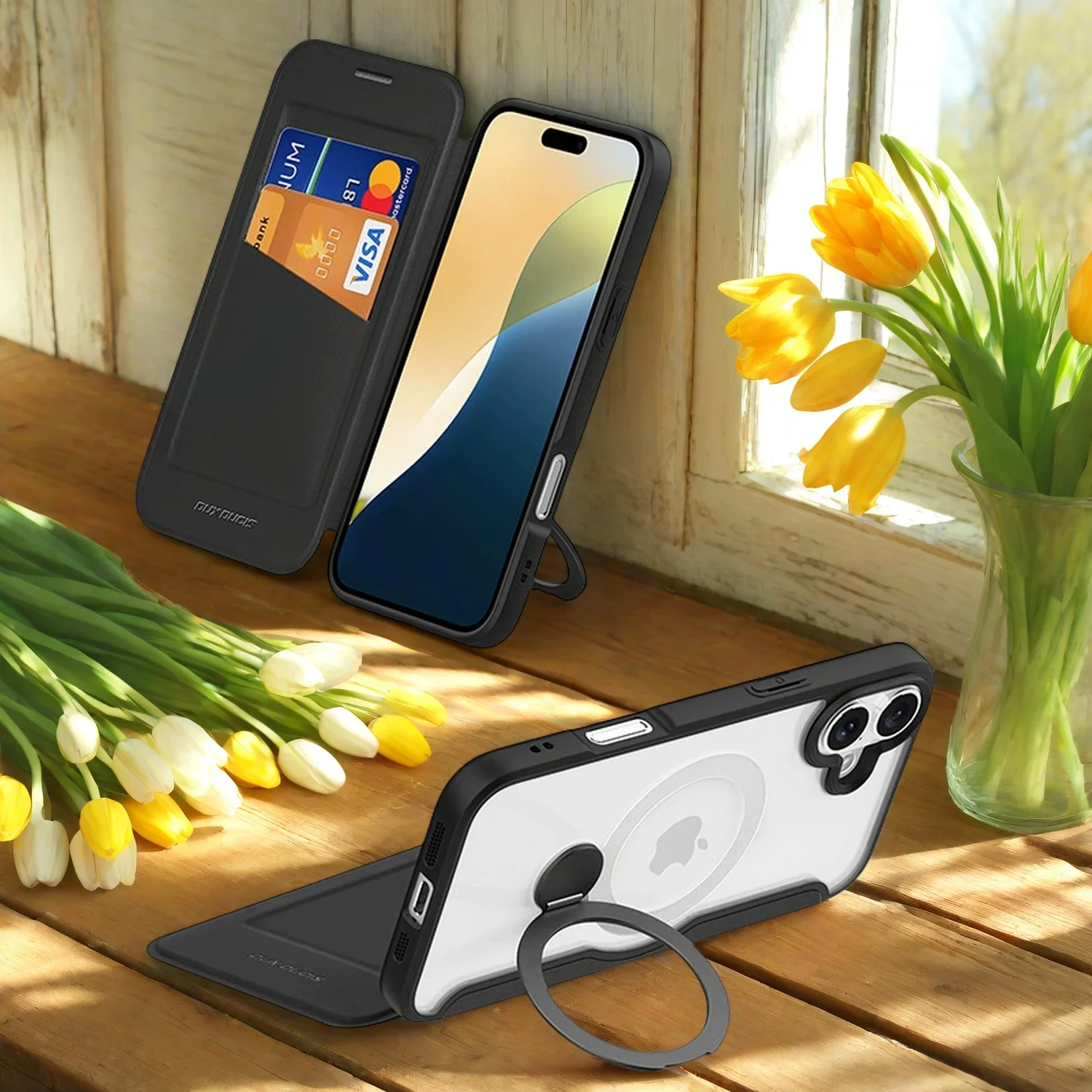 

Wallet Case for iPhone 16/16 plus/16 pro/16 pro max Leather Clear Magnetic Case with Finger Ring Flip Full Protection Cover