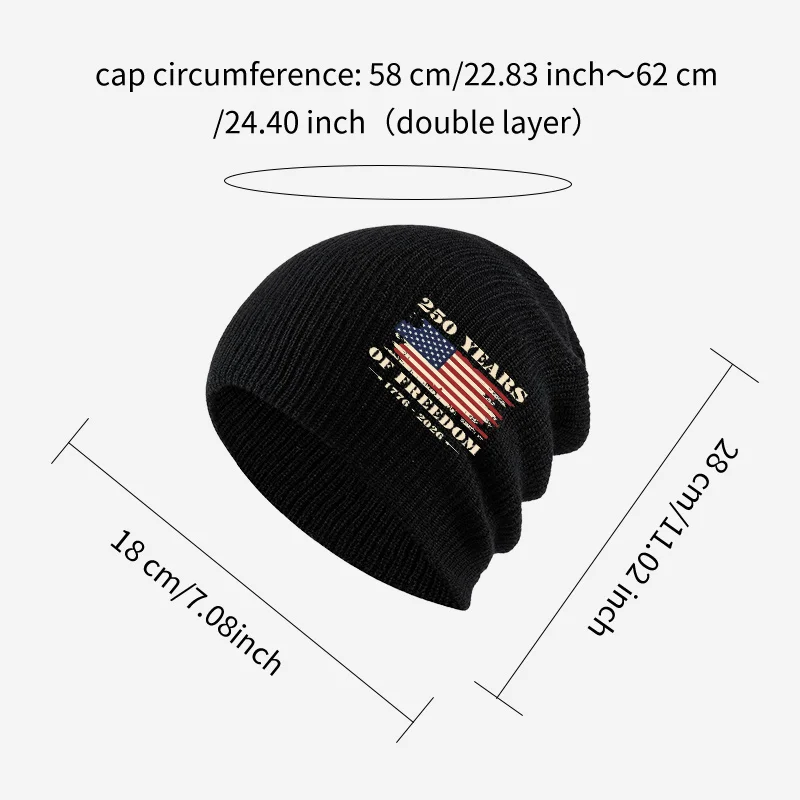 Soft Adult Slouchy Knit Beanie, USA Flag 250 Years Freedom Print, for Independence Day Patriotic Holiday Outdoor Party
