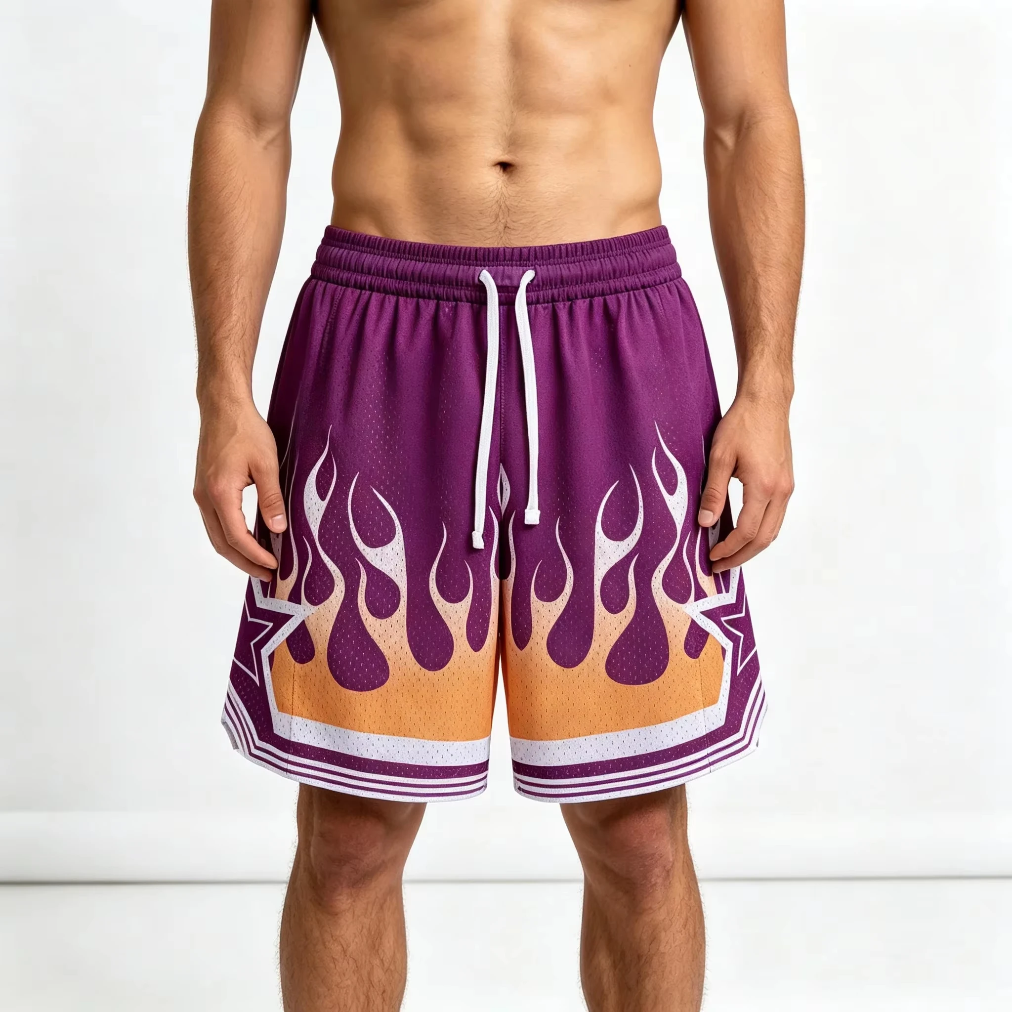 Fashion Men's Basketball Shorts Flame Pattern Printed Running Shorts Summer Street Beach Casual Trend Thin Vacation Shorts