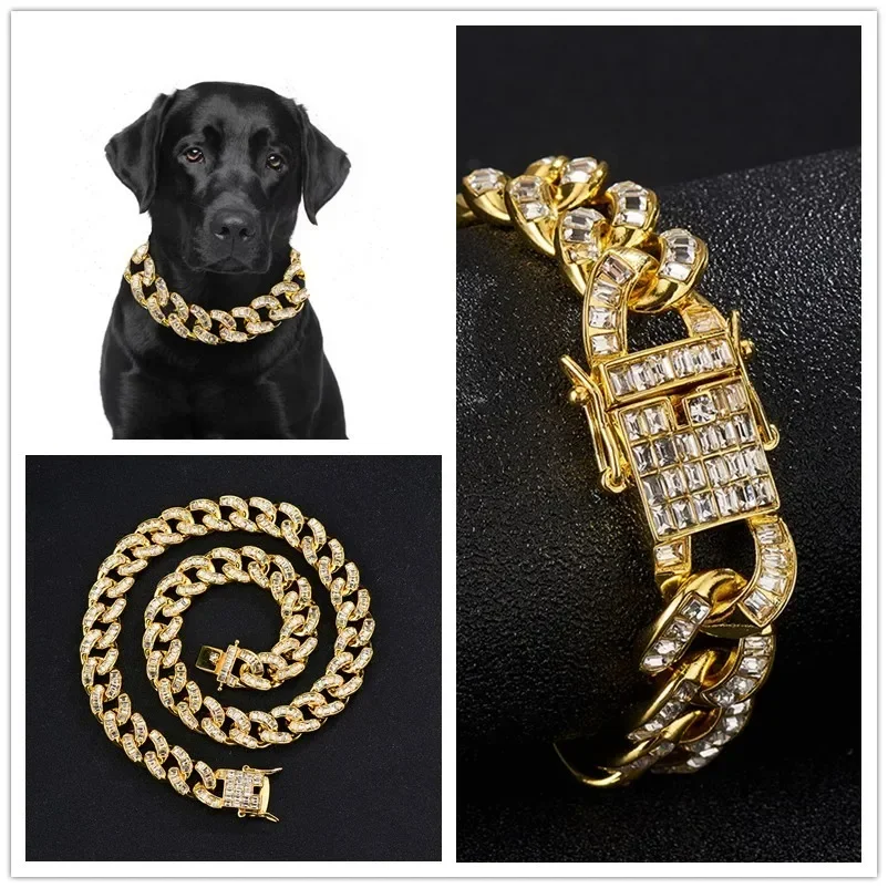 

15mm Width Large Gold Silver Color Miami Cuban Link Chain Dog Collar Full Cubic Zircon Rhinestones Cat Pet Jewelry Para Perros