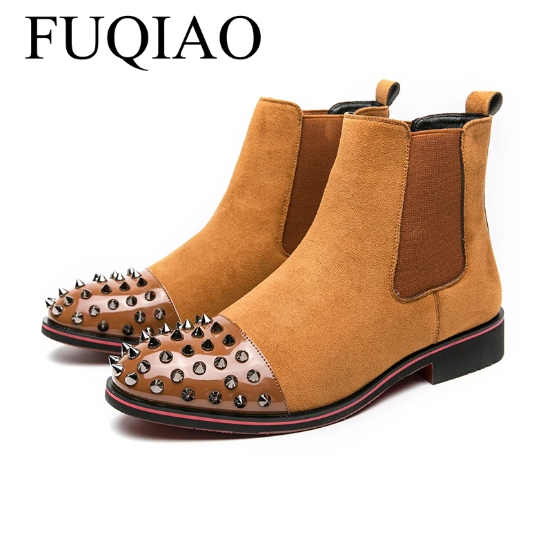 

FUQIAO New Brown Black Men Chelsea Boots Flock Rivet Square Toe Red Sole Punk Handmade Men Short Boots Bottes Pour Hommes