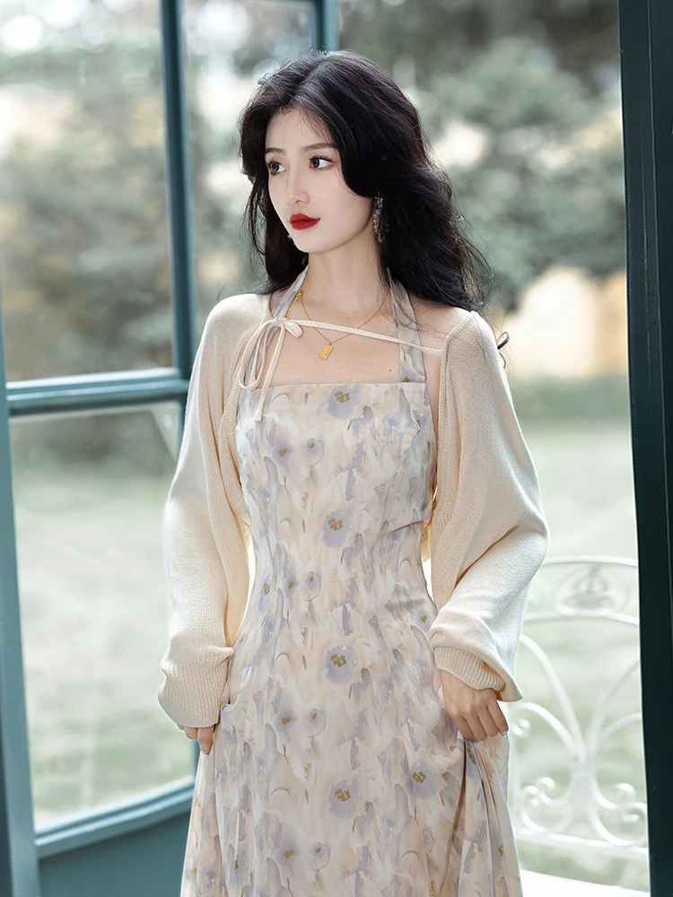 Retro Neckline Long Skirt Women's Summer Beach Vacation High-End Sensation Tea Break Beautiful Chiffon Dress Fashion Set