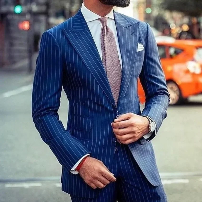 Elegant Men's Suits Full Set Chic Male Clothing Stripe Customized Blue Peak Lapel Single Breasted Slim Fit 2 Piece Jacket Pants