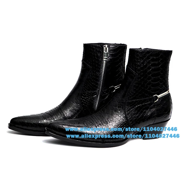 Black Leather Side Zipper Boots for Men Solid Color Metallic Decor High-Top Booties Luxury Handmade Trendy Men Shoes Botas