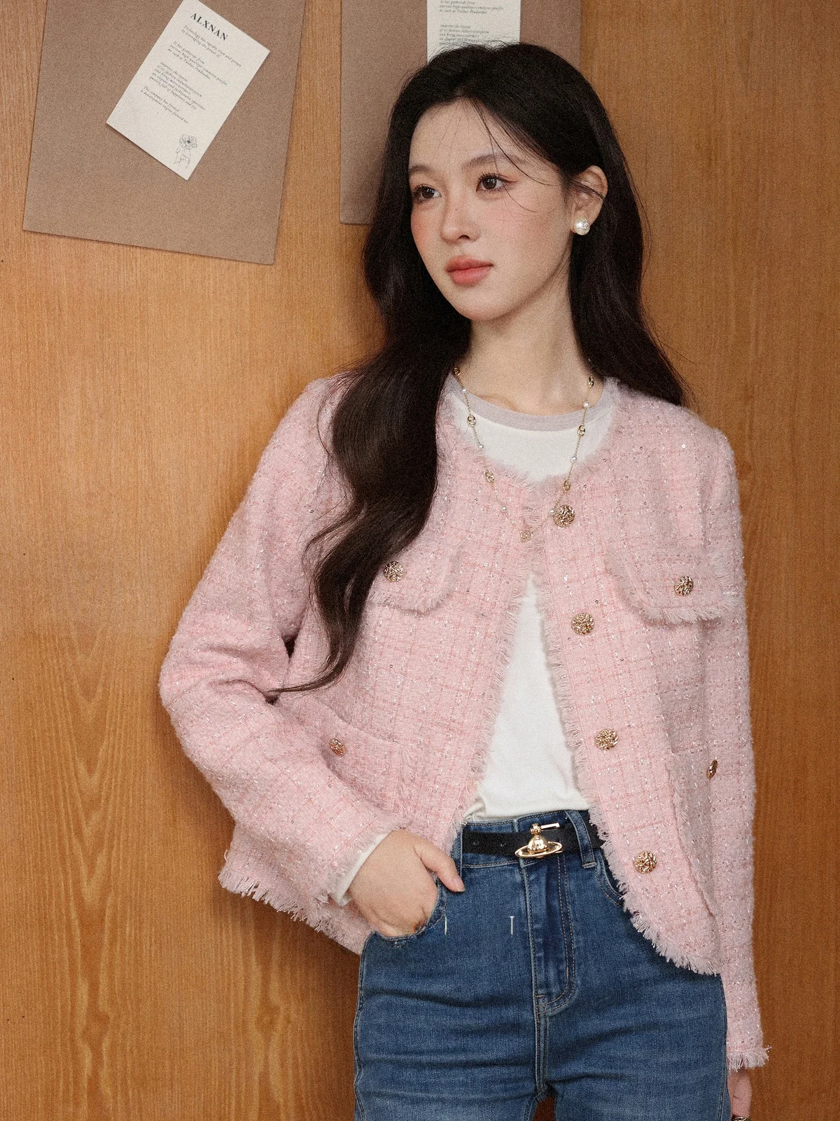 

Salt Pink ort Quilted Jaet Women's oulder Length Faion Outerwear Loose Fit round Ne Button Closure Autumn New Sle