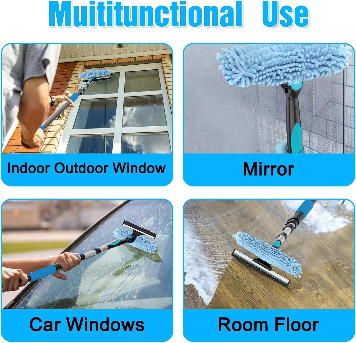 Reach Window Squeegee Kit with Extension Pole, 2-in-1 Professional Washer for High Windows, 5-20FT Adjustable Reach, Rotatable Head for Indoor & Outdoor Use, Streak-Free Cleaning Tool for Home