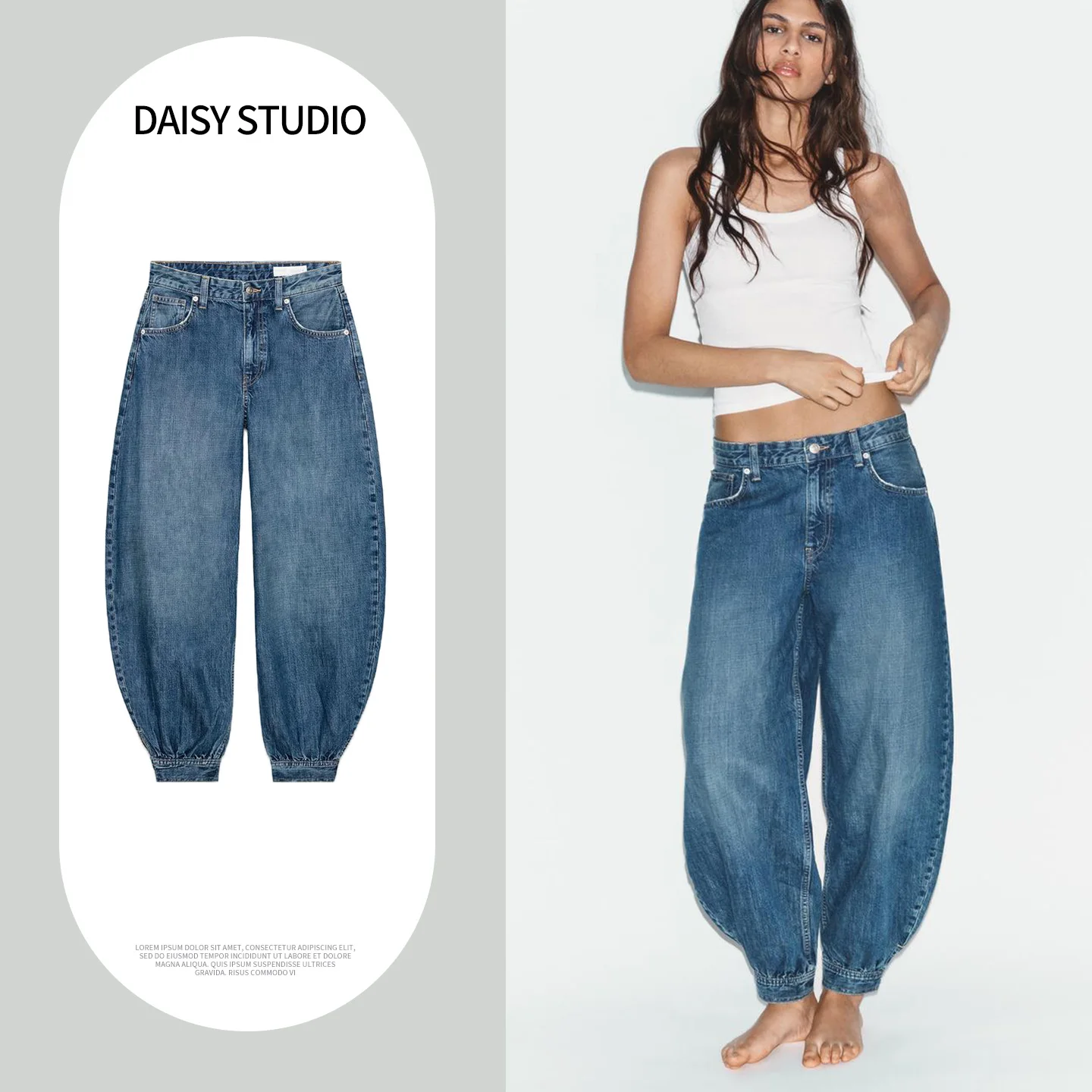 

Spring New Women's Design Sense Mid-Waist Bunt Belted Balloon Denim Long Pants Elastic Waist Polyester Fiber Button Closure