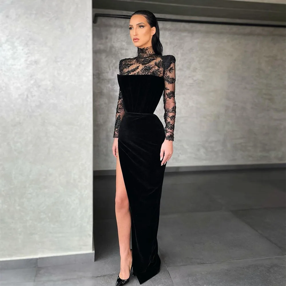 Black Velvet Evening Dresses Long Sleeve Mermaid Lady Gorgeous Lace Applique High Neck High Side Slit Dubai Formal Prom Gowns De